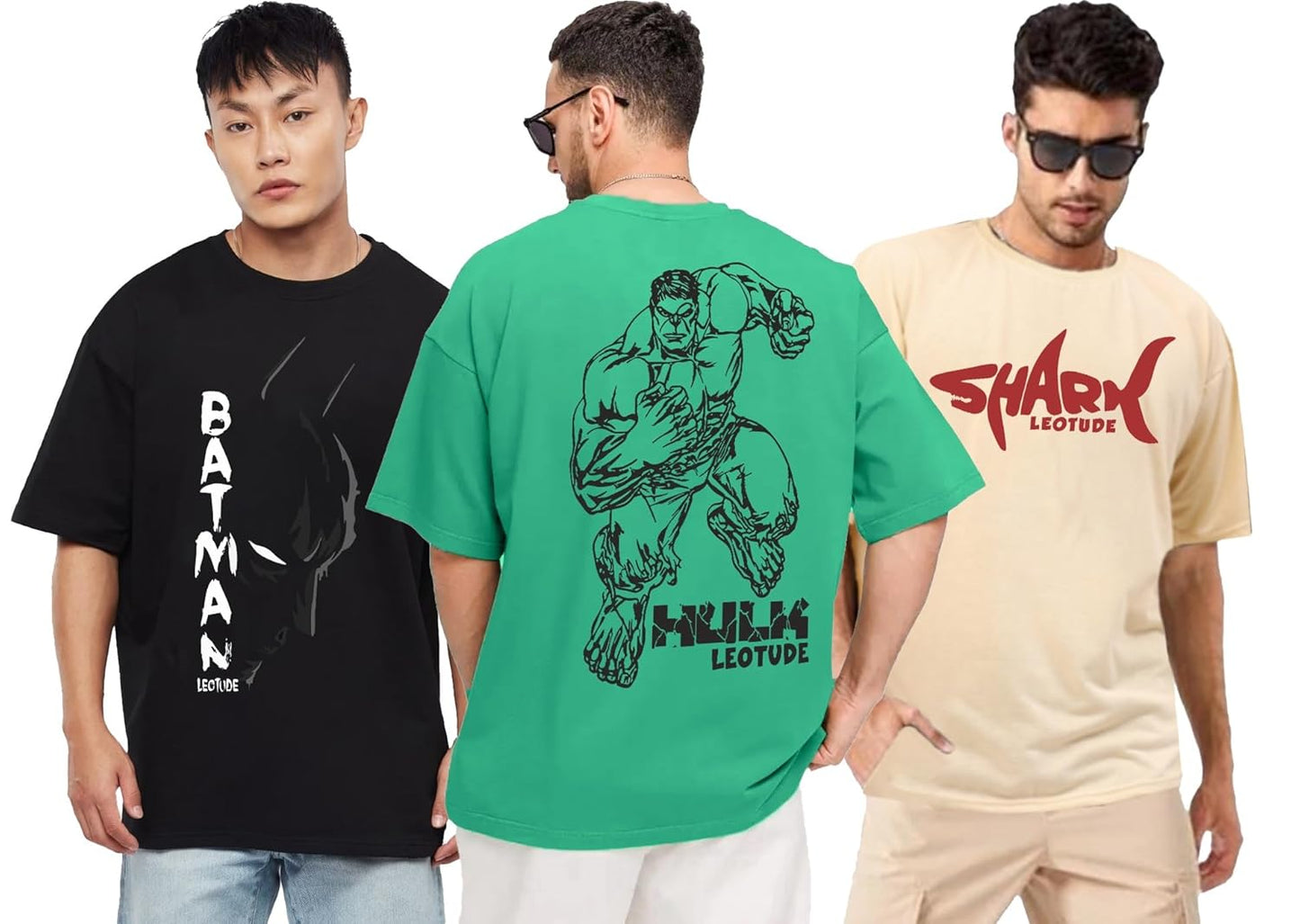 LEOTUDE Men's Cotton Regular Fit Half Sleeve Oversized Tshirt, Round Neck Longline Drop Shoulder | ful Printed Combo T-Shirt (Pack of 3)