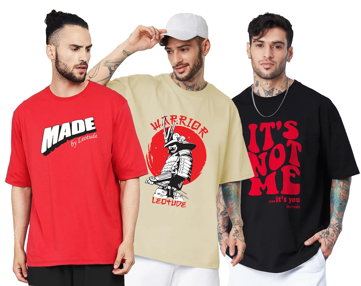 LEOTUDE Men's Cotton Regular Fit Half Sleeve Oversized Tshirt, Round Neck Longline Drop Shoulder | ful Printed Combo T-Shirt (Pack of 3)