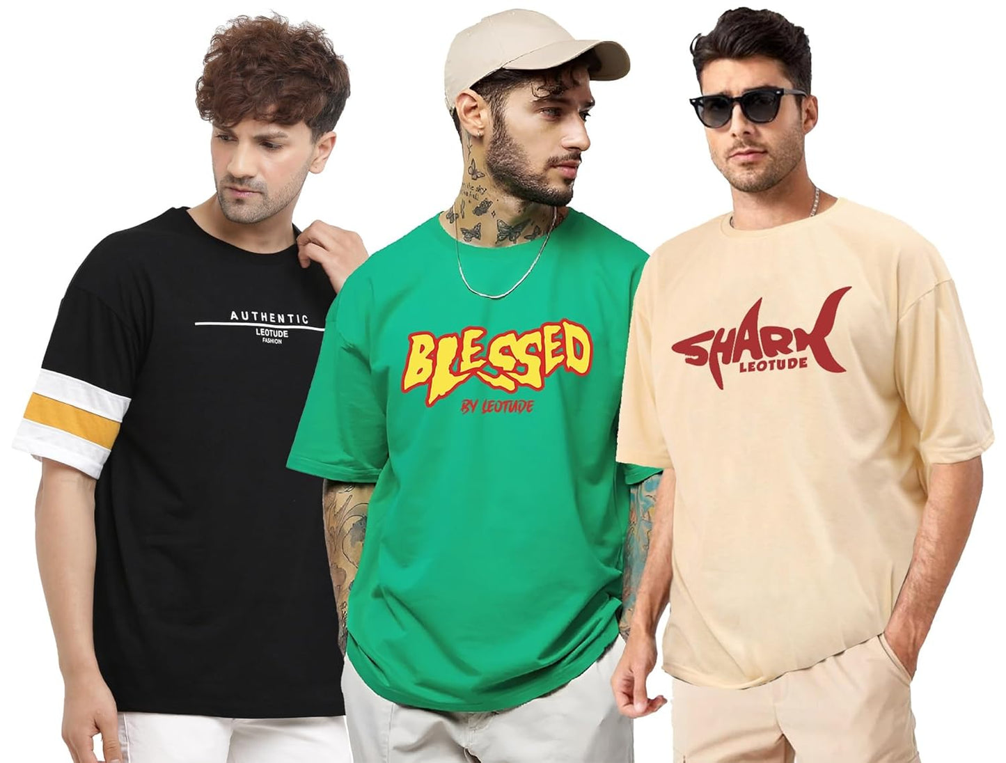 LEOTUDE Men's Cotton Regular Fit Half Sleeve Oversized Tshirt, Round Neck Longline Drop Shoulder | ful Printed Combo T-Shirt (Pack of 3)