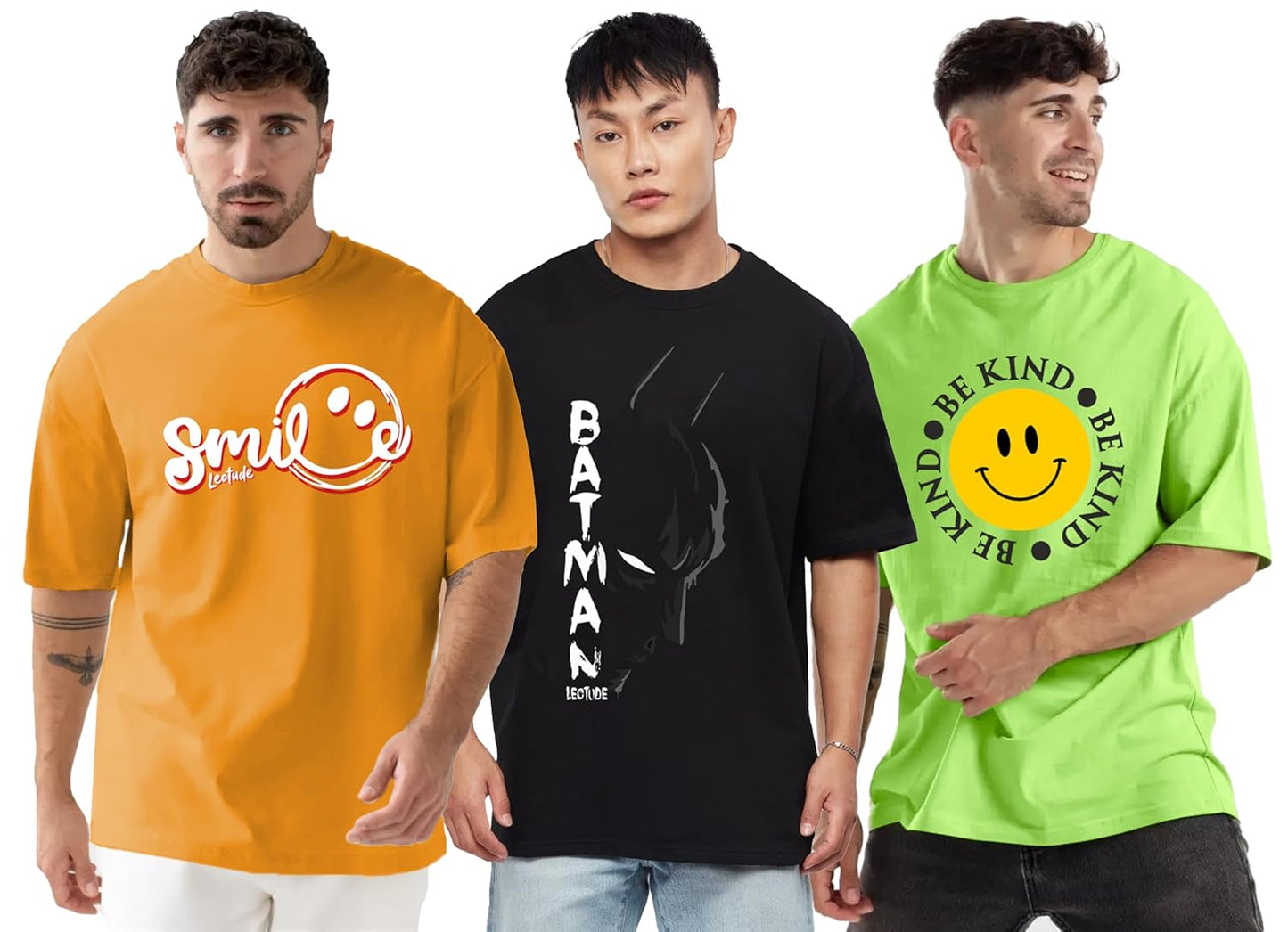 LEOTUDE Men's Cotton Regular Fit Half Sleeve Oversized Tshirt, Round Neck Longline Drop Shoulder | ful Printed Combo T-Shirt (Pack of 3)