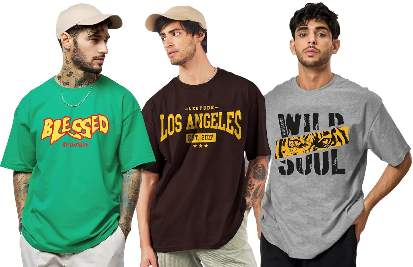 LEOTUDE Men's Cotton Regular Fit Half Sleeve Oversized Tshirt, Round Neck Longline Drop Shoulder | ful Printed Combo T-Shirt (Pack of 3)