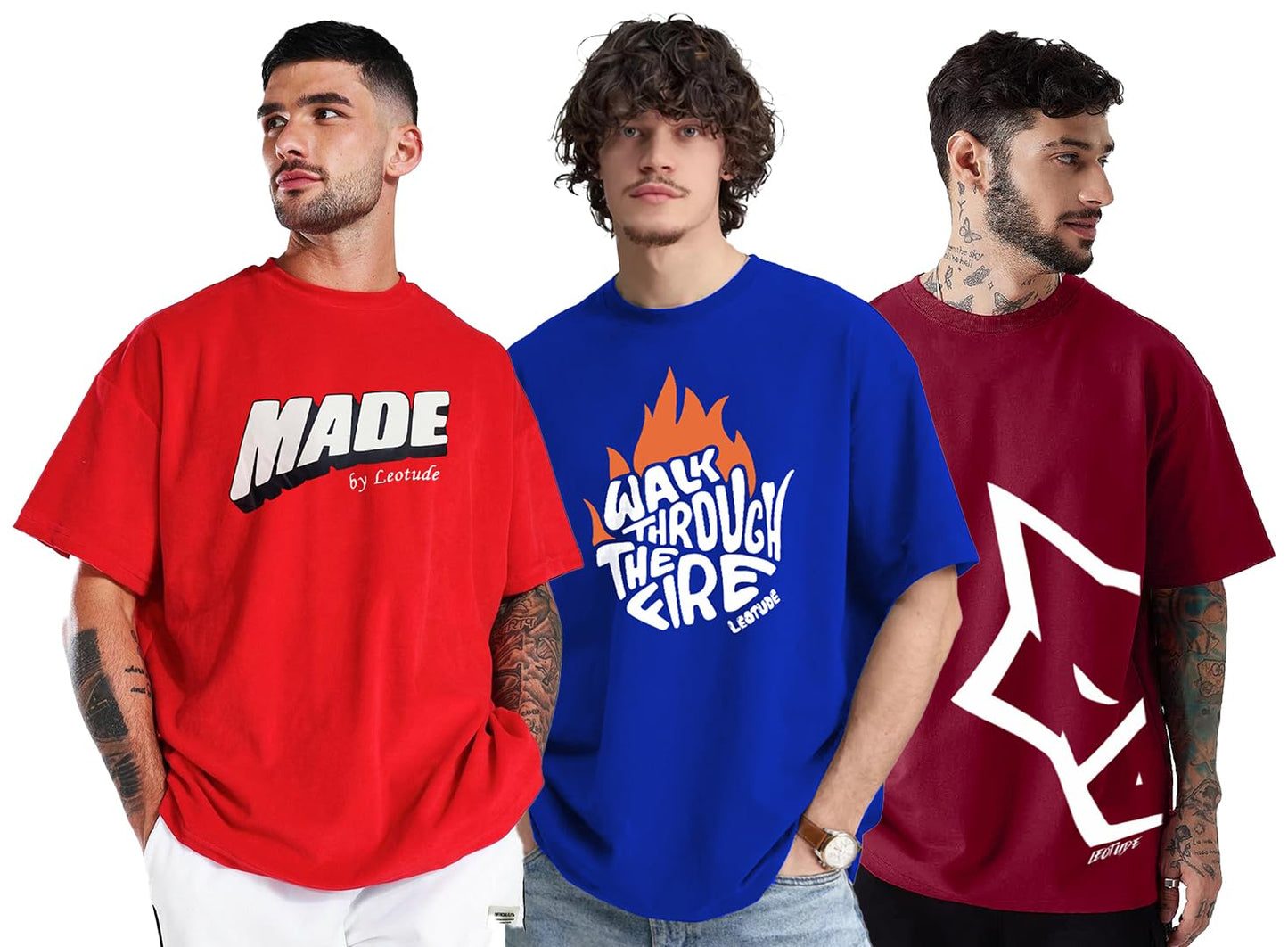 LEOTUDE Men's Cotton Regular Fit Half Sleeve Oversized Tshirt, Round Neck Longline Drop Shoulder | ful Printed Combo T-Shirt (Pack of 3)