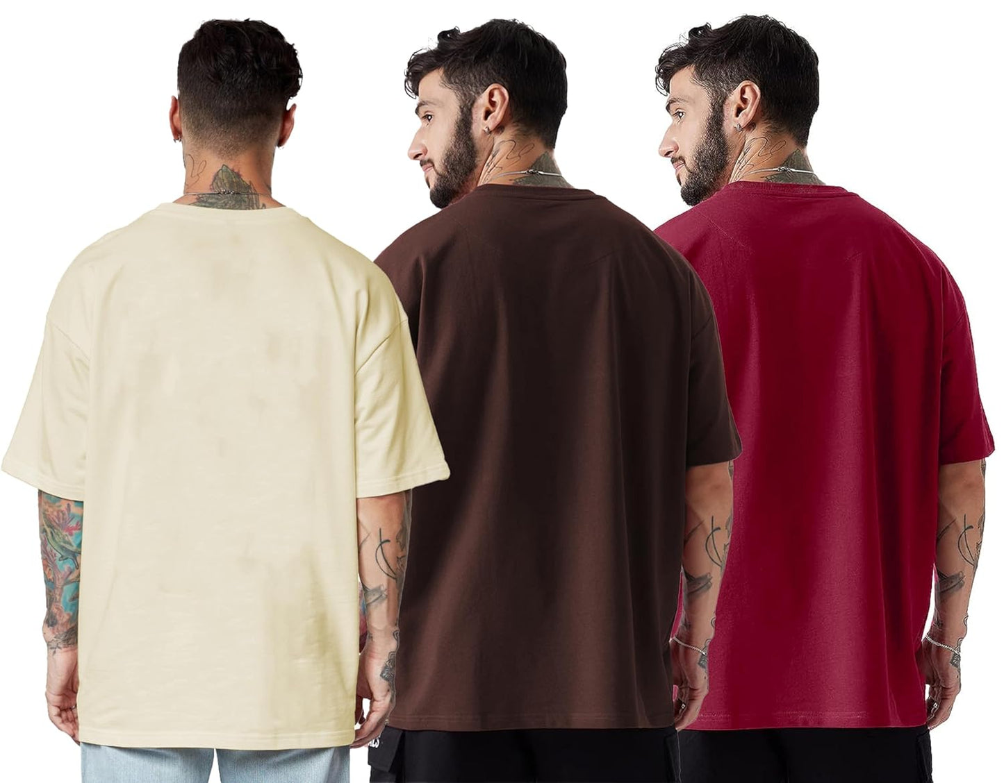 LEOTUDE Men's Cotton Regular Fit Half Sleeve Oversized Tshirt, Round Neck Longline Drop Shoulder | ful Printed Combo T-Shirt (Pack of 3)