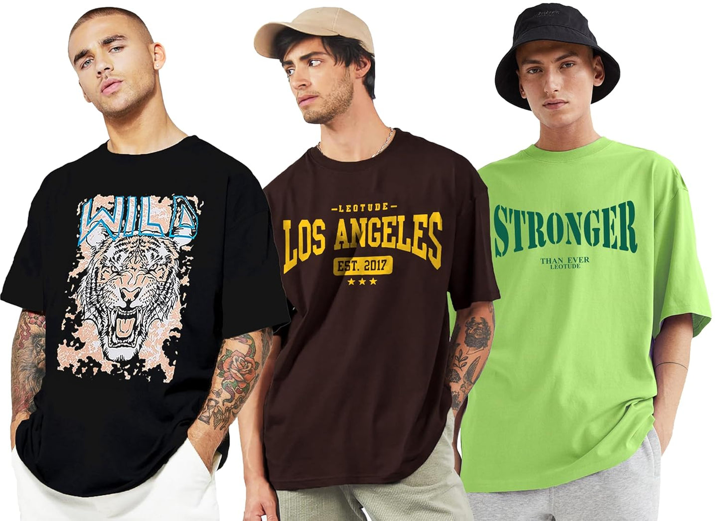 LEOTUDE Men's Cotton Regular Fit Half Sleeve Oversized Tshirt, Round Neck Longline Drop Shoulder | ful Printed Combo T-Shirt (Pack of 3)