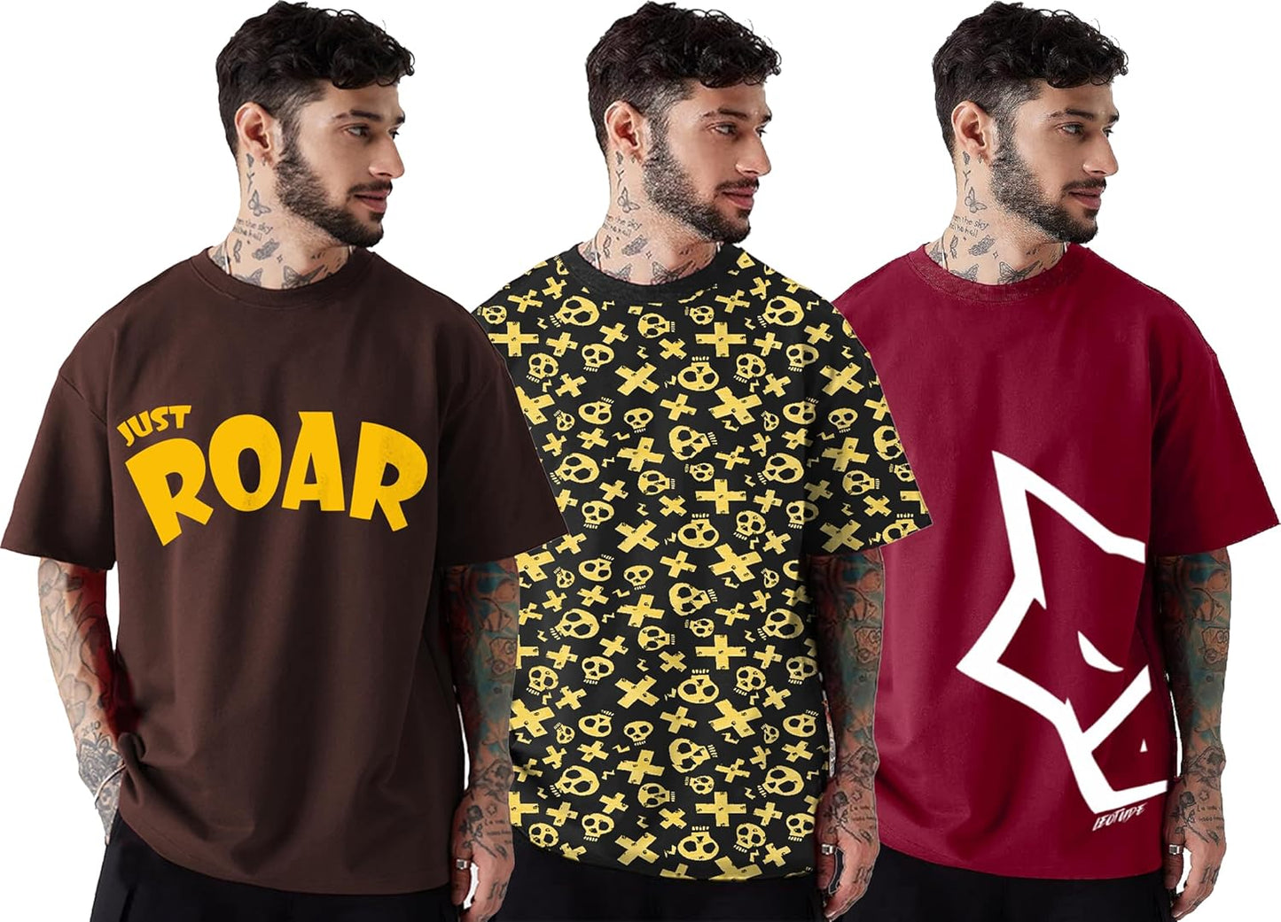 LEOTUDE Men's Cotton Regular Fit Half Sleeve Oversized Tshirt, Round Neck Longline Drop Shoulder | ful Printed Combo T-Shirt (Pack of 3)