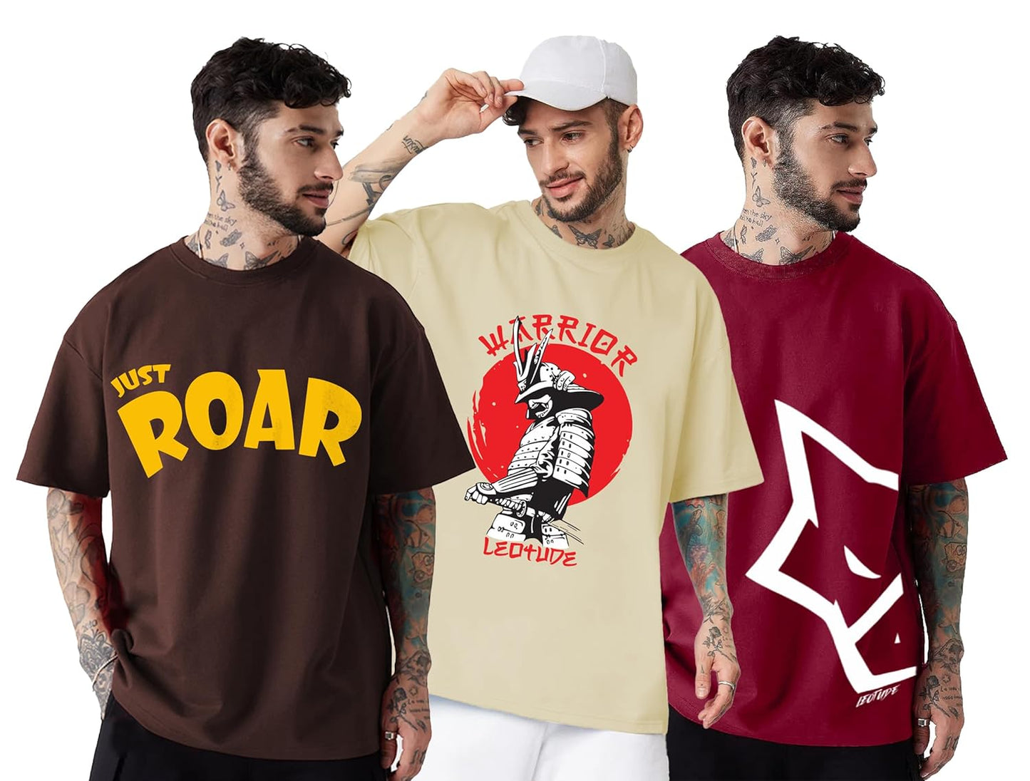 LEOTUDE Men's Cotton Regular Fit Half Sleeve Oversized Tshirt, Round Neck Longline Drop Shoulder | ful Printed Combo T-Shirt (Pack of 3)